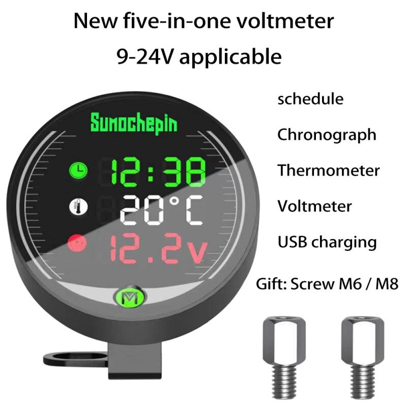 Motorcycle Modified Water Temperature Meter Time Voltmeter 12V Chronometer USB Phone Charging 5-in-1 Waterproof Digital Display