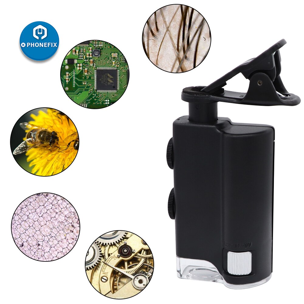 60X/100X Phone Microscope with Cell Phone Clip Pocket Magnifying Glass LED UV Lamp for Cellphone Jewelry Calligraphy Detecting