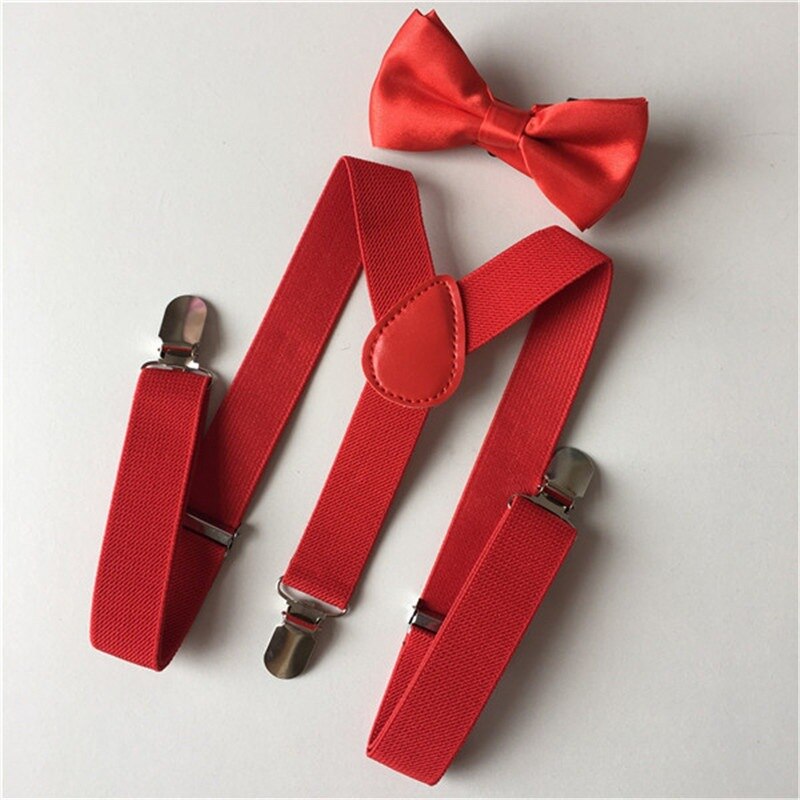 Soild farve børn bælte bowtie sæt baby drenge piger seler clip-on y-back seler butterfly elastisk børn justerbar: Rød
