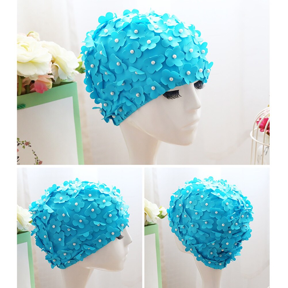Flower Swimming Cap 3D Bathing Cap Petal Pearl Long Short Hair Swim Pool Cap Pure Handmade Cloth Cap