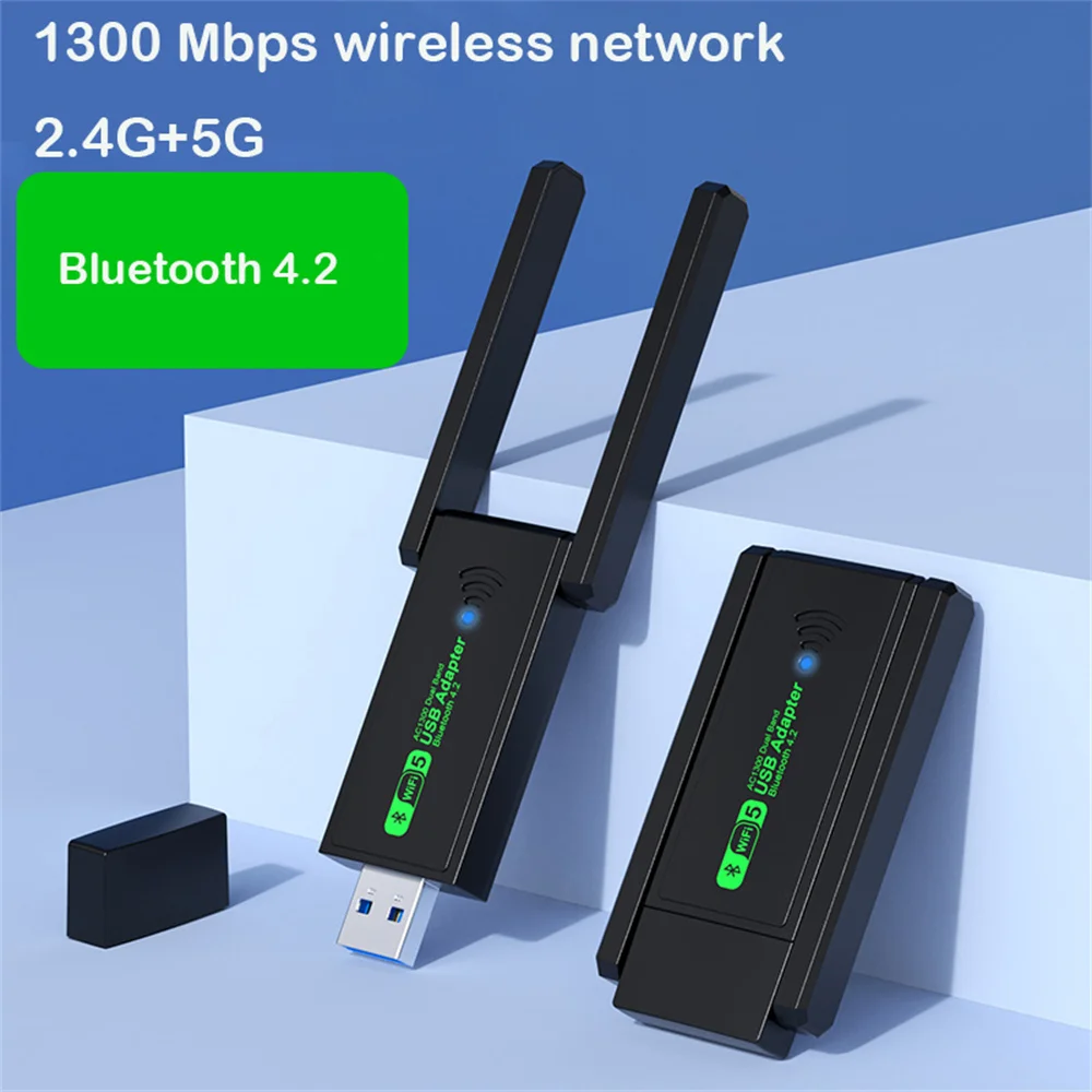 2 in 1 USB 3.0 WiFi Bluetooth Wireless Adapter, 1300Mbps Dual Band 2.4/5Ghz Wireless Network card Receiver AC1300 WiFi 5 Dongle