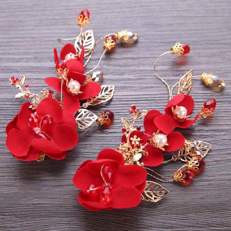 1pc Classic Chinese Red Flower Bride Hair Pins Hair Jewelry Women Girl Hairpin Tiara Barrette Bridal Wedding Hair Accessories LB