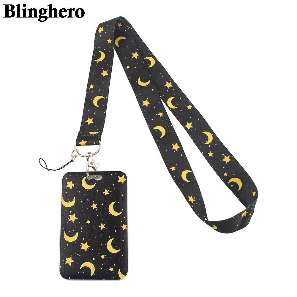 CB164 Moon Women Men ID Credit Bank Business Passport Card Holder Student Bus Card Case Lanyard Identity Badge Cards Cover