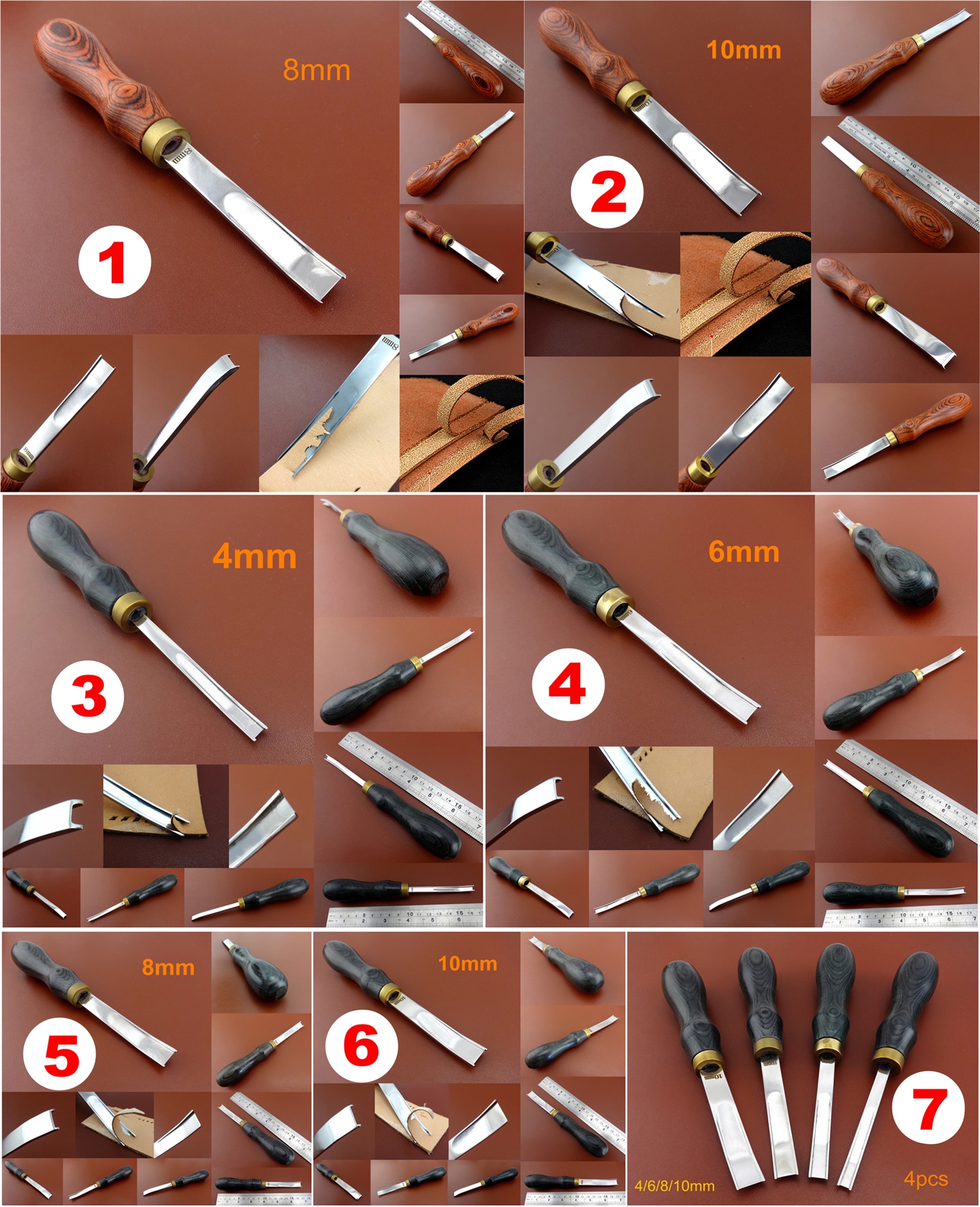 7kind French Style Leather Craft Edge Beveler Skiving Skiver Edger Gouges Cutting Tool - Knife Cutter Punch Chisel Pricking Iron