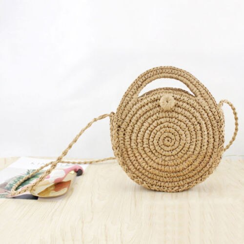 Fashion Women Straw Bag Woven Round Handbag Purse Crossbody Summer Beach Bags: Brown