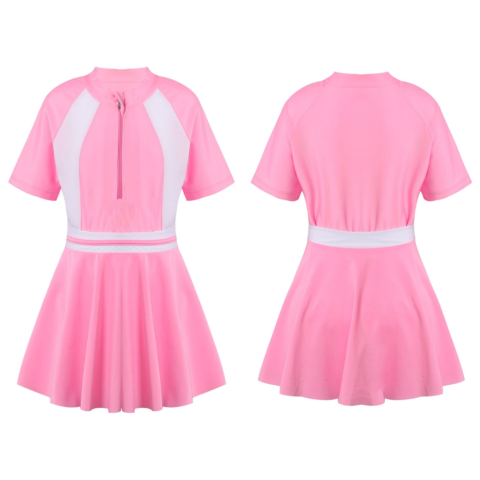 Kids Swimsuit for Girls Beachwear Bathing Suit Children Swimwear Short Sleeve Leotard Bodysuit with Skirt Schoolgirl Uniform: Pink / 3XL(145-15