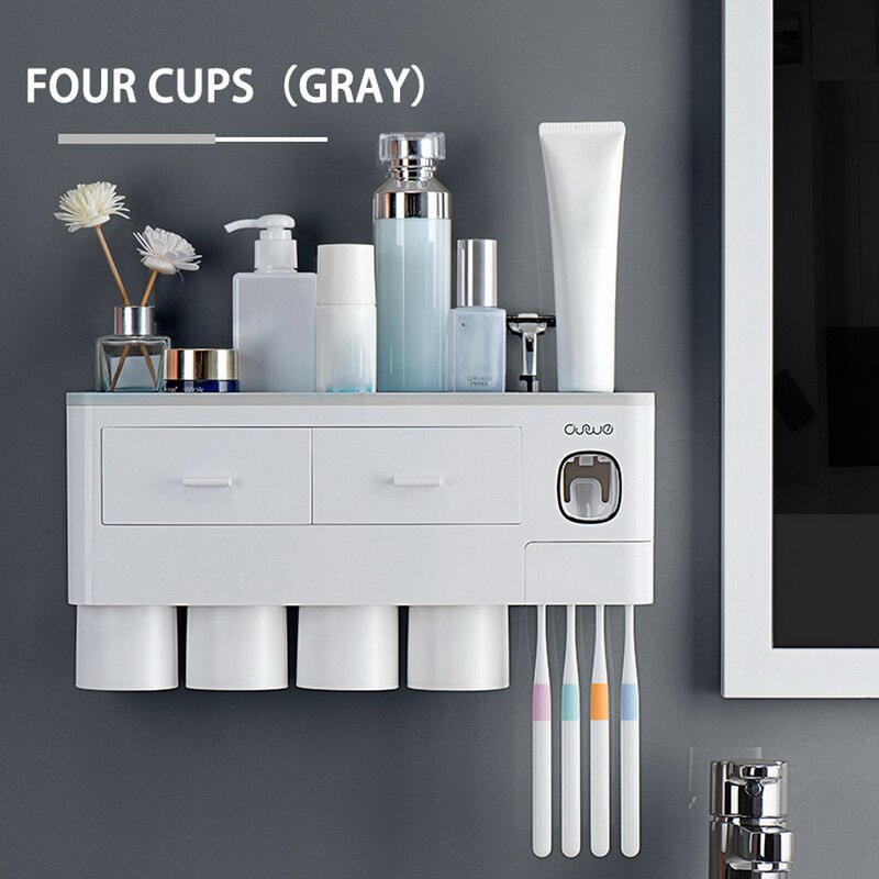 Magnetic Adsorption Inverted Toothbrush Holder Automatic Toothpaste Squeezer Dispenser Storage Rack Bathroom Accessories: 4 Cups Gray