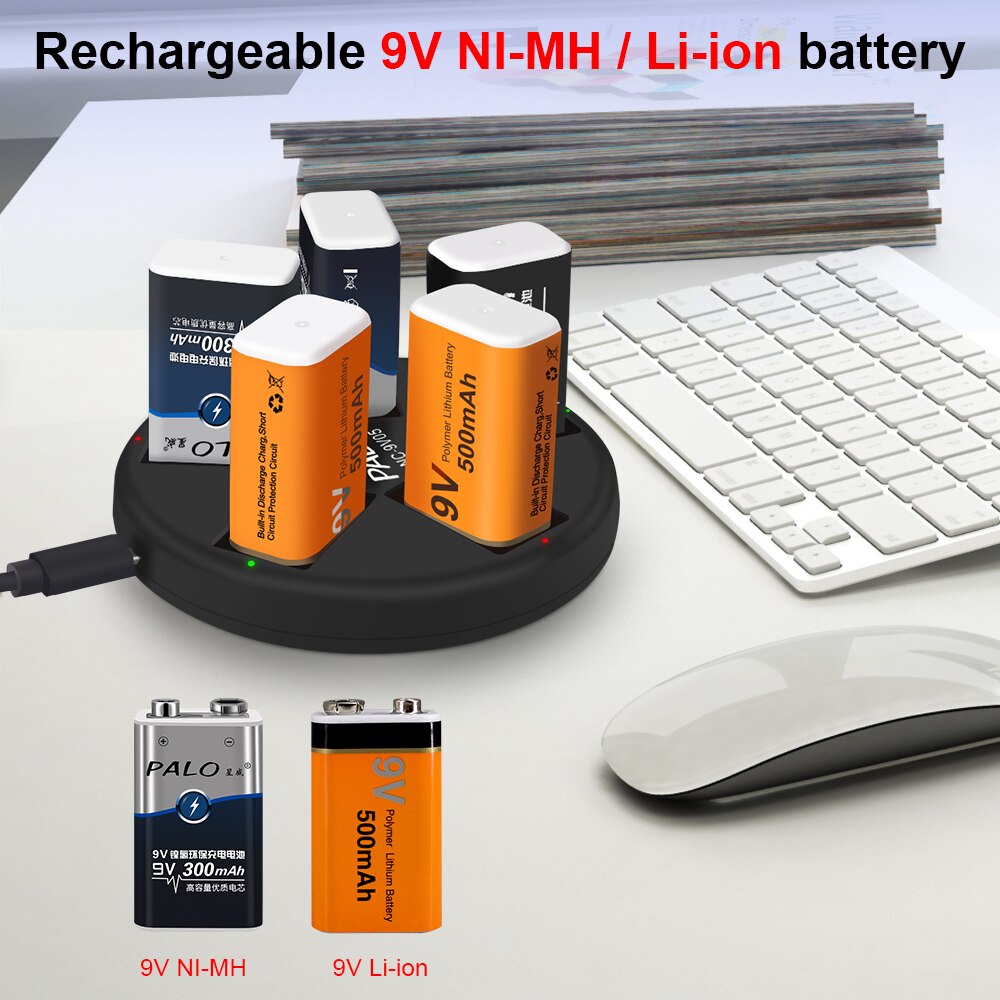 9V battery 6f22 lithium battery li-ion rechargeable battery 9v with 5 slots charger for ni-mh lithium 9v battery