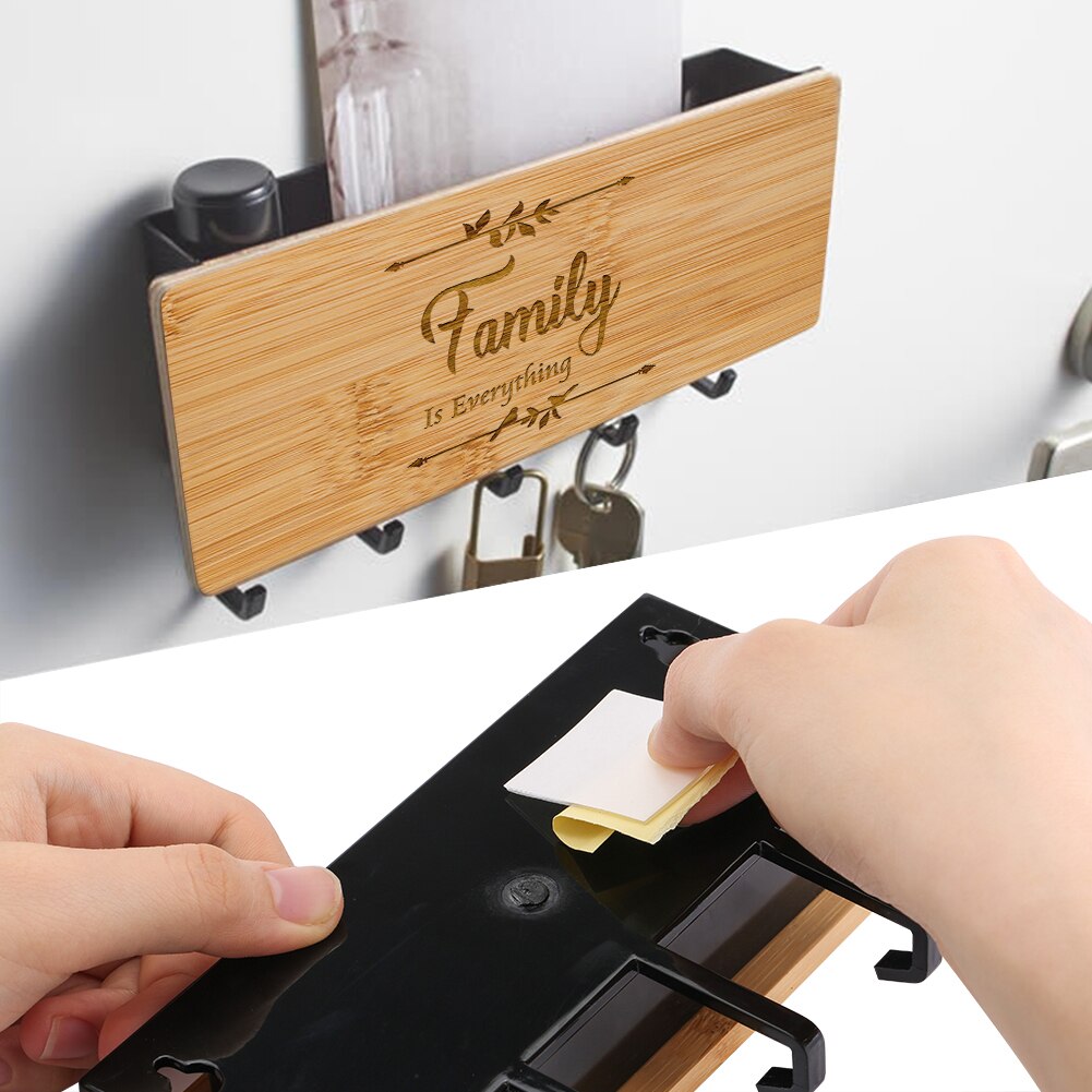 Colgador de llaves de tablero de bambú con letras grabadas, 5 ganchos para pared, puerta trasera, decoración del hogar, exquisitos estantes para llaveros