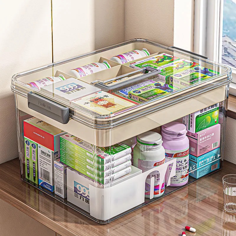 Armoire à Pharmacie Portable 3 Niveaux Avec Couvercle Transparent - Organisateur Pour Médicaments, Outils Ou Matériel De Bricolage - Avec Serrure De Sécurité - 14