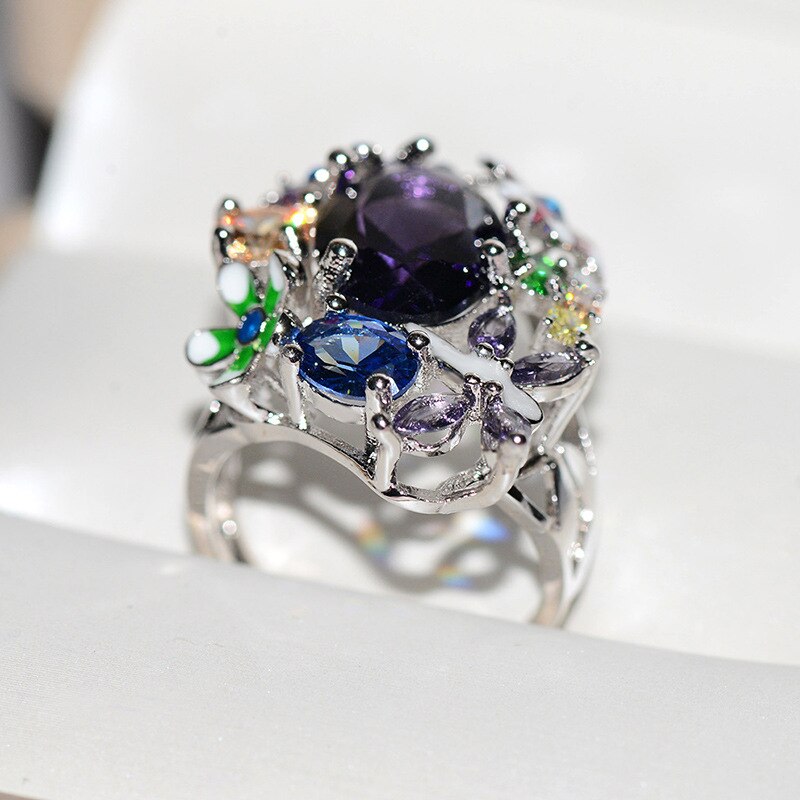 Luxury Big Rainbow Flower Ring Boho Female Party Ring Promise Engagement Rings For Women Wedding Jewelry