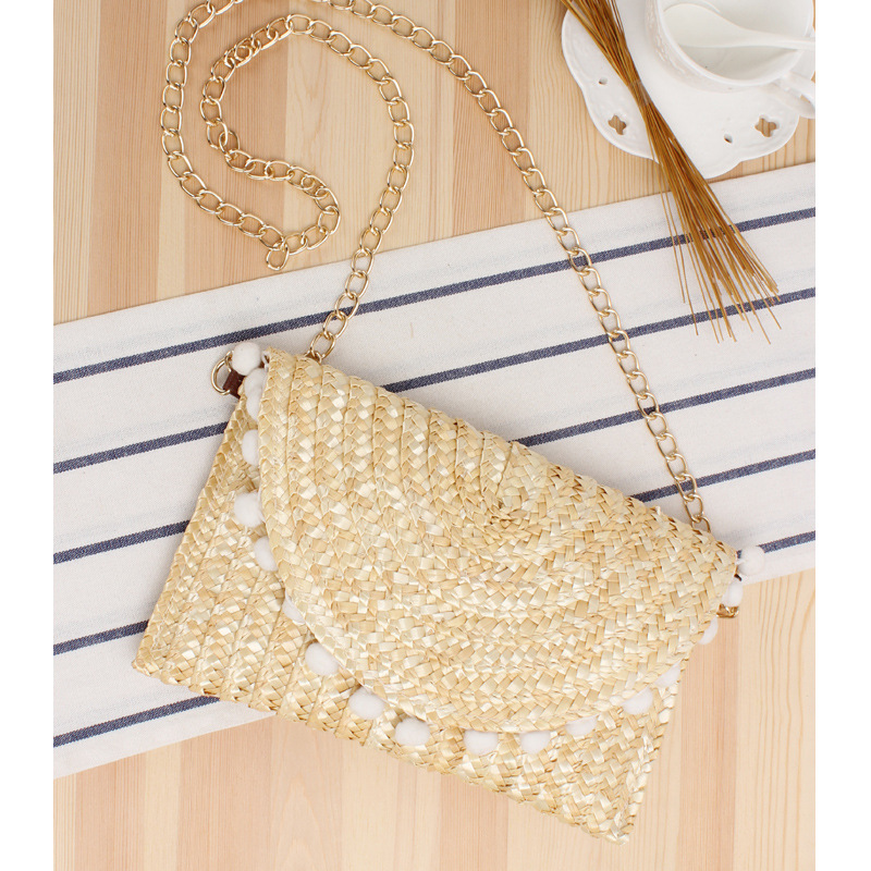 Bolso de paja para mujer, bolsa de mano tejida, paja de trigo trenzada, Bola de piel, decoración de verano salvaje, informal,: White