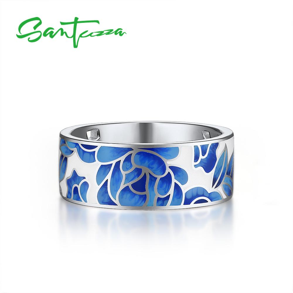 SANTUZZA Silver Jewelry Set for Women Pure 925 Sterling Silver Blue Flower Enamel Earrings Ring Set Trendy Fine Jewelry Handmade