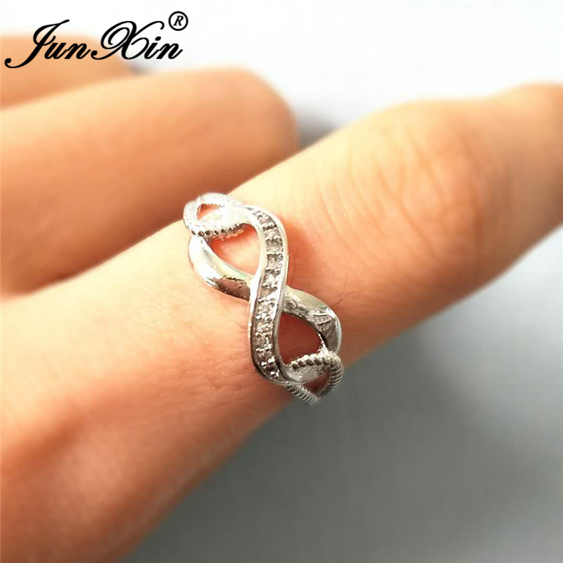JUNXIN Valentijnsdag Liefde Infinity Ringen Voor Vrouwen 925 Sterling Zilveren Promise Wedding Ring White Crystal Letters Ring Sieraden