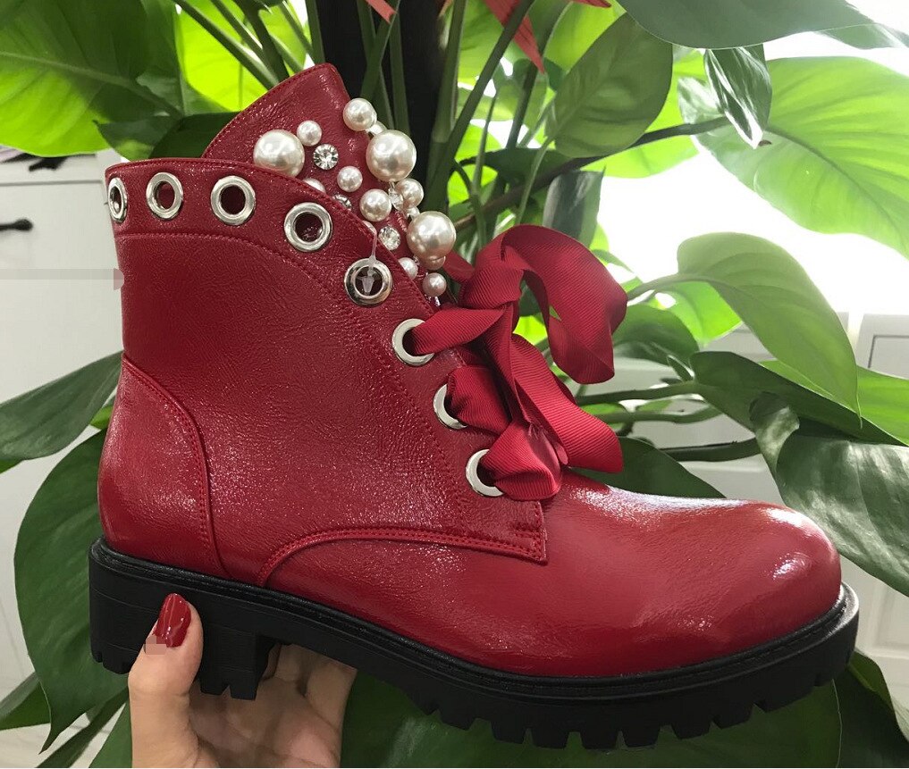 Botas Cortas Botines Rojos Para Dama Botas Cortas Con Remaches De - Main Image