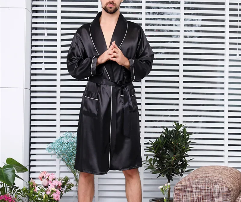 2025 pijamas finos de verano para hombre, batas de casa para hombre, albornoz tipo kimono de manga larga, ropa de dormir de satén de seda negra, ropa de dormir para salón para hombre: M / Blanco