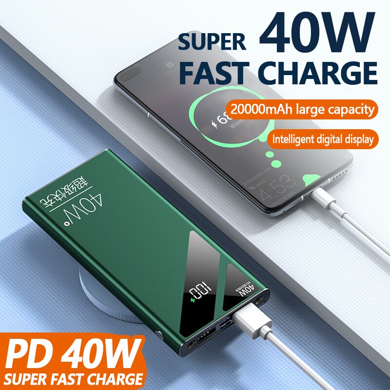 20000mah em dois sentidos de carregamento rápido power bank pd40w display digital bateria externa embutida em cabos com lanterna para iphone mi