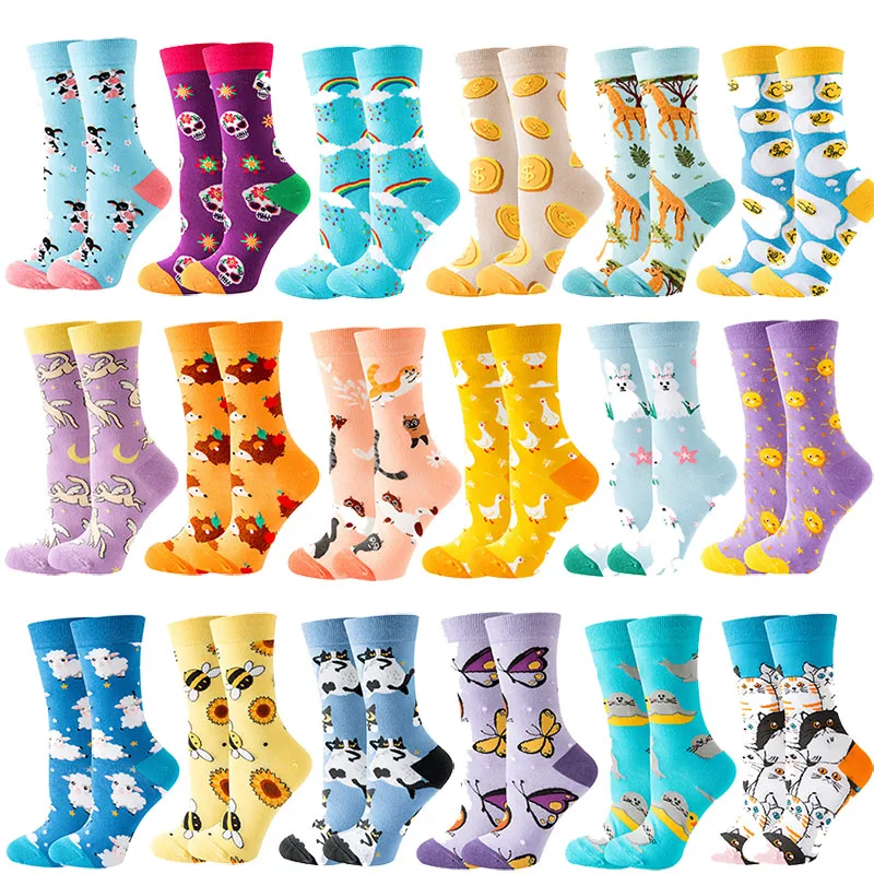 Calcetines bonitos con dibujos de animales y flores para hombre y mujer, calcetines divertidos Kawaii a la , calcetines informales felices Harajuku para otoño e invierno