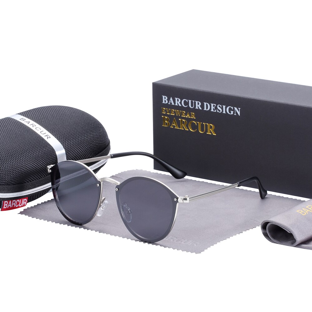 Barcur vintage gepolariseerde zonnebril dames merk ronde zonnebril voor heren: Zilvergrijs