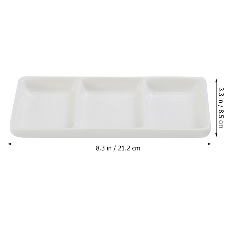 6 Inch Pure White Ceramic 3-Compartment Appetizer Serving Tray Rectangular Divided Sauce Dishes for Spice Dish Soy Sauce
