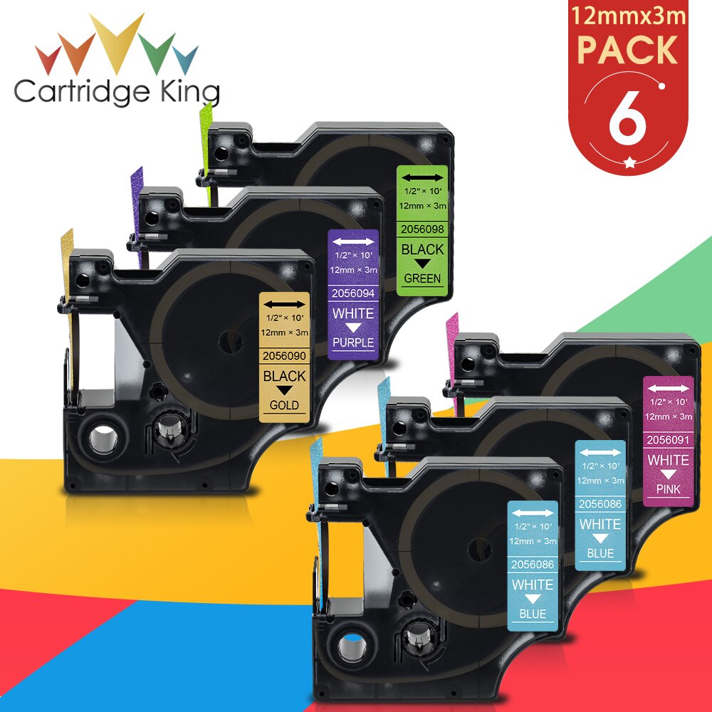 6PK 12Mm Zwart Op Wit Glitter Label Tape Vervangen Dymo D1 45021 45013 2056121 2056091 2056094 2056098 Voor Dymo labelmanager 160: 6 Color-2