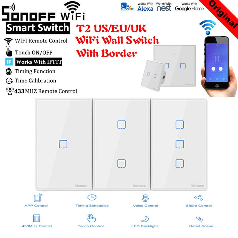 Sonoff-interruptor inteligente de parede t2 us/uk/eu tx, wi-fi, touch, 433 rf/voz/controle com borda, básico, com alexa, google home