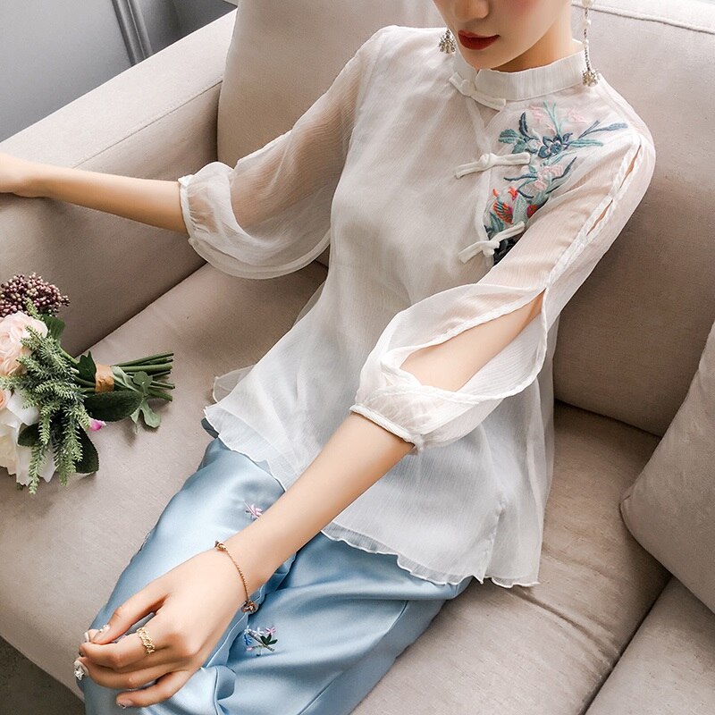 Ropa de estilo chino para mujer, traje Tang con bordado de flores, camisas tradicionales Qipao Cheongsam, blusa para mujer
