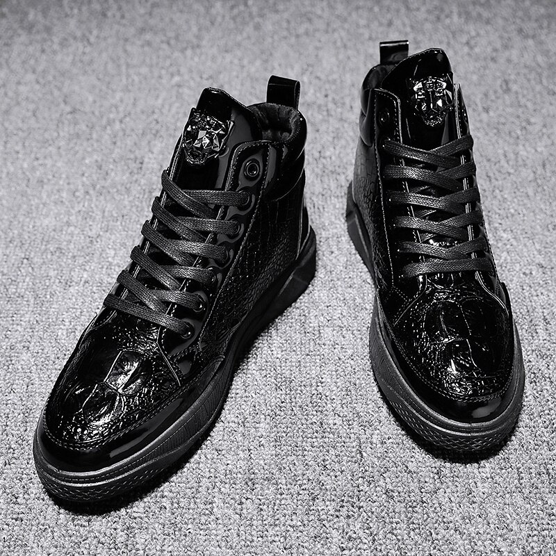 Mannen Herfst Lente Krokodil Patroon Enkellaarsjes Flats Schoenen Hoge Top Zwart Casual Schoenen Mannen Vulcaniseer Sneaker Zapatos De mujer