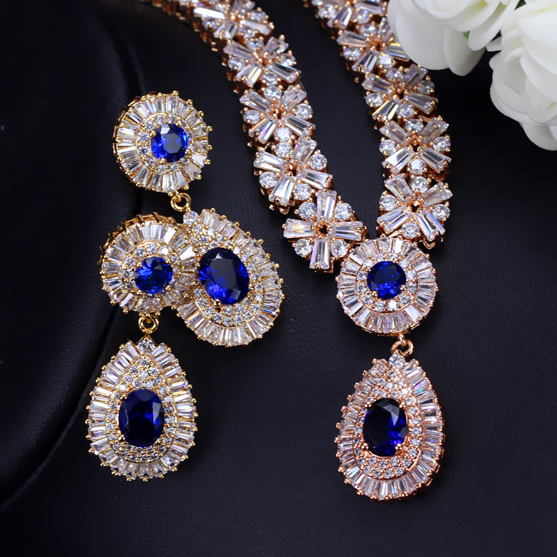 Threegraces Prachtige Zilveren Kleur Cz Grote Royal Blue Water Ketting Oorbellen Afrikaanse Sieraden Sets Voor Bruiden JS029