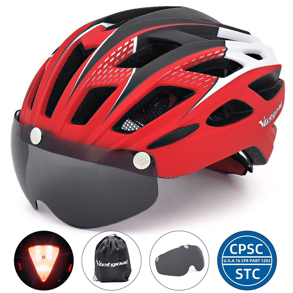 VICTGOAL Cycling Helmet with Goggles LED Rear Light Men Women Adult Bicycle Helmet Face Shield MTB Road Bike Electric Scooter: Red