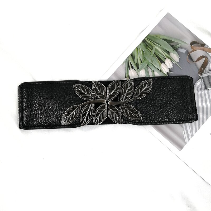 Cinturones de talla grande para mujer, faja ancha elástica, cinturón de vestir, cinturón de cintura elástica para mujer, cintos de cuero negro: leaf belt