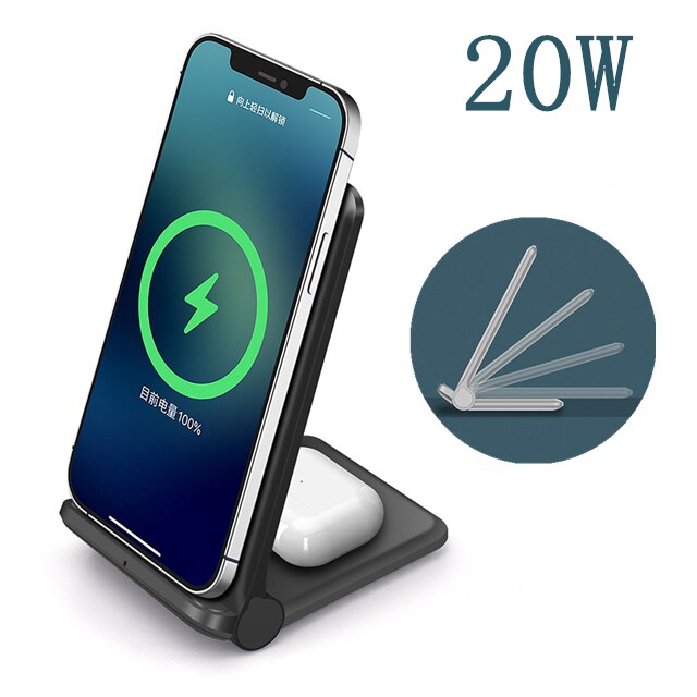 2 in 1 20W Fast Qi Wireless Charger Stand For Samsung S21 S20 S10 Foldable Charging Holder For iPhone 12 11 XR XS 8 Airpods Pro: 20W  2 in 1 Black