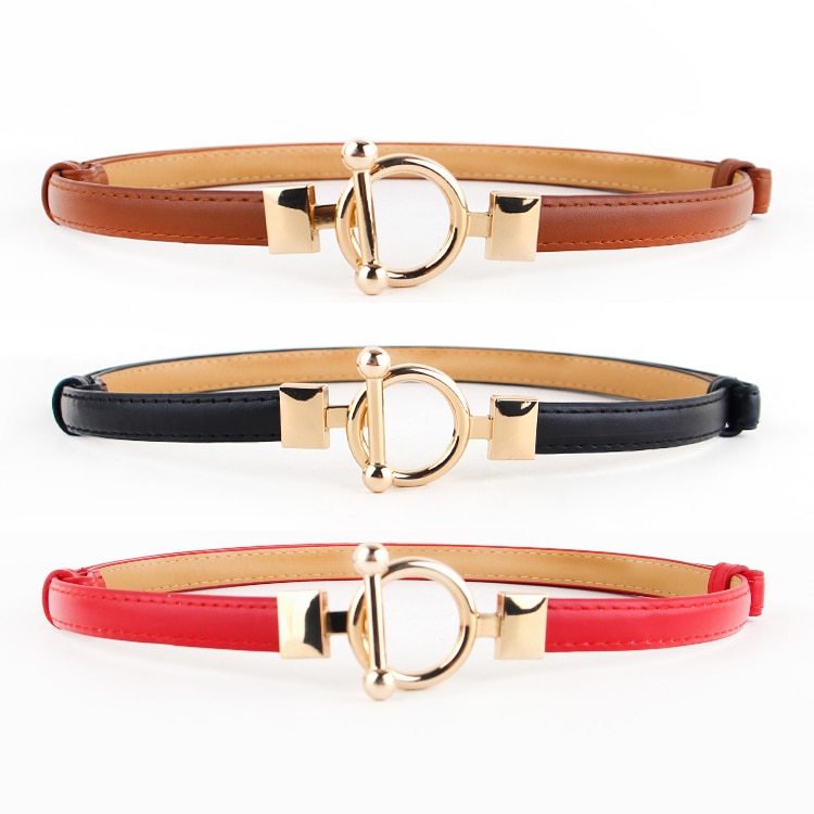 Cinturones de negro para mujer, cinturones finos ajustables de cuero de PU para mujer, círculo dorado con hebilla de aleación, vestido ceñido en la cintura cinturón de mujer