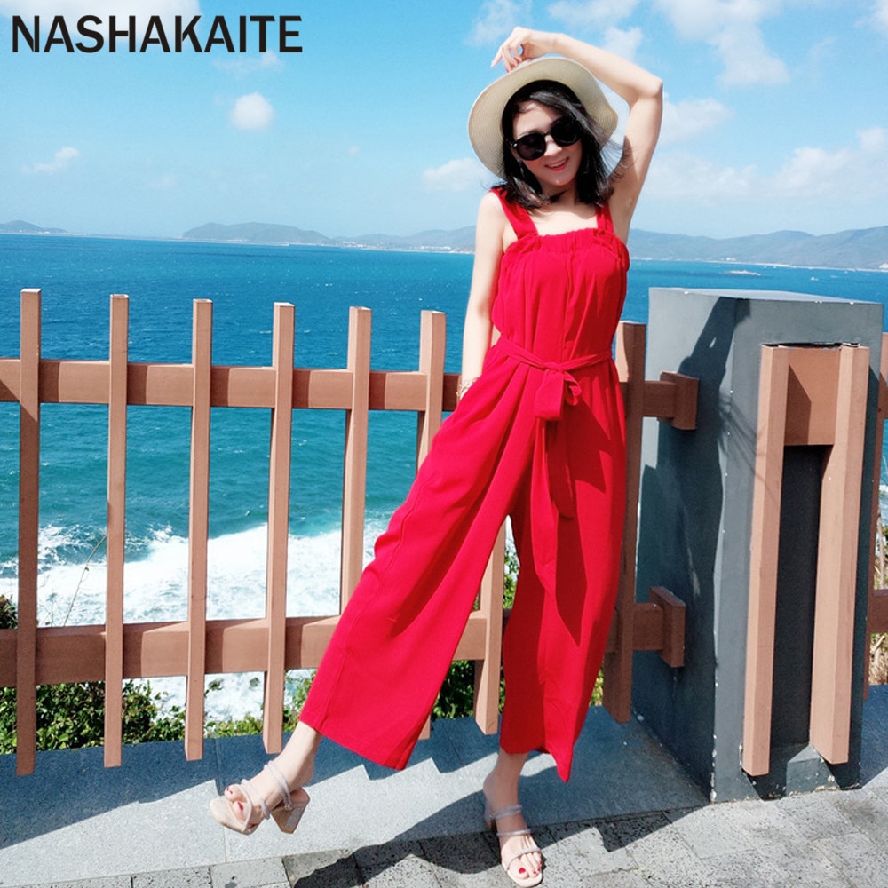 Nashakaite mama en ik kleding zomer rode tanktop met riem bijpassende jumpsuit strand moeder en dochter jumpsuit