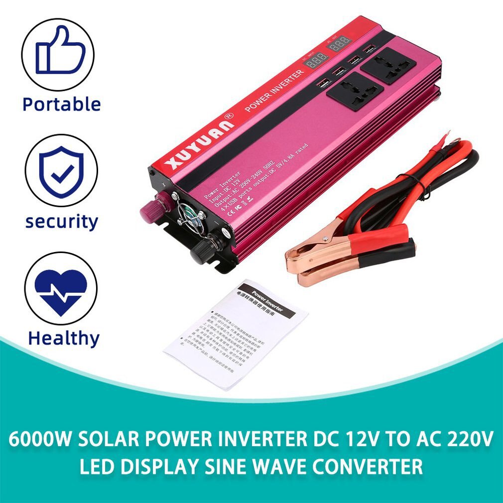 Inversor de energía Solar de 6000W, convertidor de onda sinusoidal de coche con pantalla LED, CC de 12V a ca de 220V, para electrodomésticos