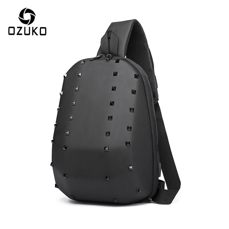OZUKO Rivet poitrine sac sac à bandoulière mâle étanche court voyage sacs à bandoulière USB sac de messager pour les affaires d'adolescent