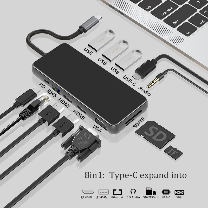 Estação de acoplamento/hub para laptops usando monitores duplos tipo c 11/12 em 1 para o portátil macbook com pd usb 3.0 hdmi mult interface: 12 in 1