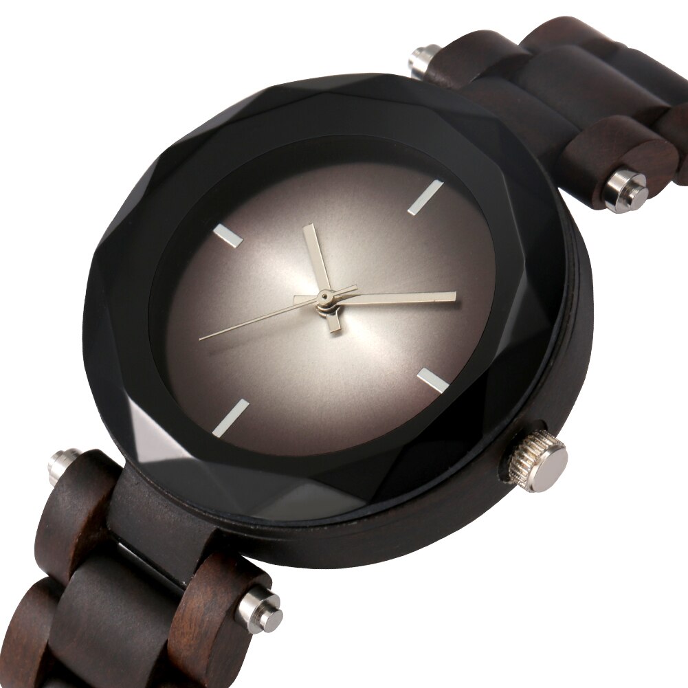 Relojes sencillos de madera para Mujer, Reloj de pulsera de cuarzo con esfera negra brillante, pulsera de madera completa, caja de ,