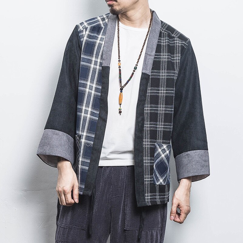 Kimono japonais à carreaux en coton pour hommes, vêtements d&#39;extérieur Haori, manteau Hanten à la , vêtements de samouraï, Yukata,