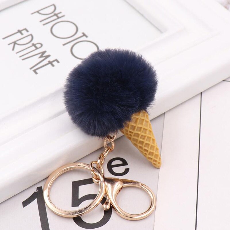Cute ice cream Keychain Glitter Pompom Key Chain for Women Llaveros Mujer Car Bag Accessories Key Ring Wedding Souvenir: Navy blue