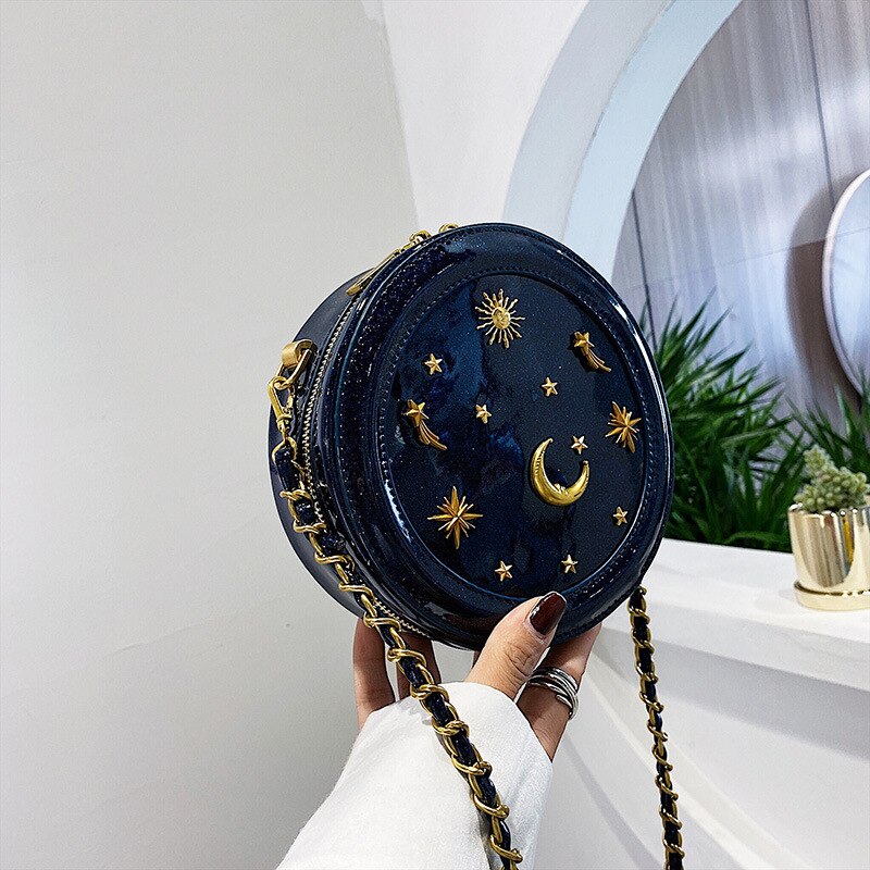 sternenklar Himmel runden Leder Schulter Tasche Pro Frauen Damen Geldbeutel und Handtaschen weiblich kreisförmig Crossbody Bote Tasche: Blau