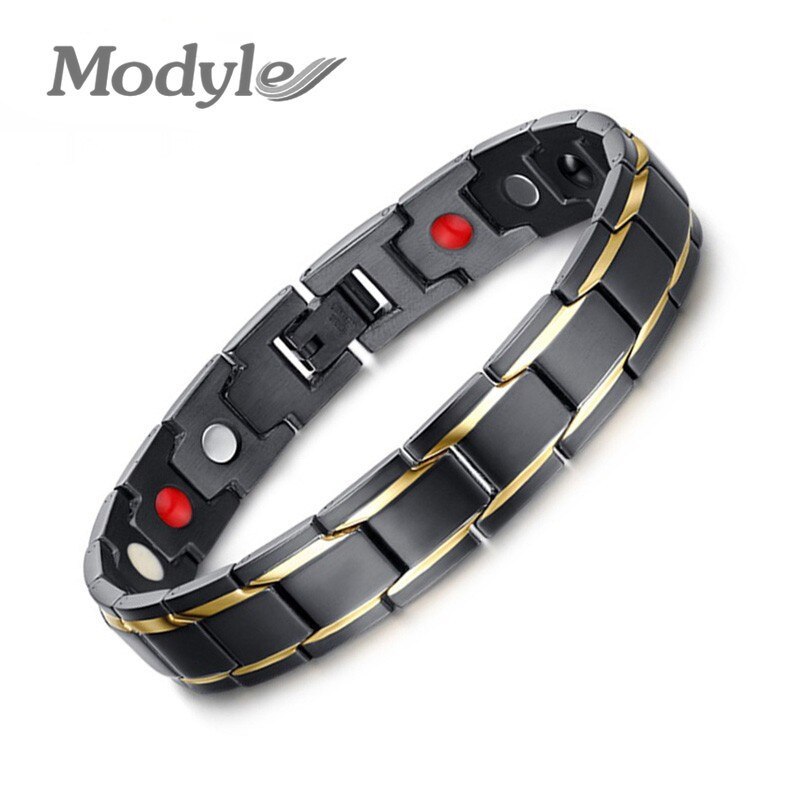 ¡Novedad de ! Pulseras de salud y brazaletes para hombre, brazalete con abalorio de acero inoxidable de poder magnético, joyería para hombre: Black-gold