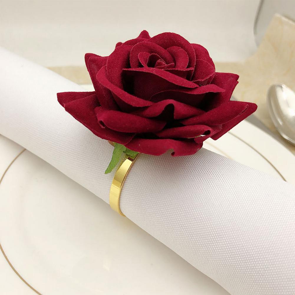 6Pcs Rode Roos Vorm Handdoek Gesp Servet Ring Wedding Party Hotel Tafel Decor