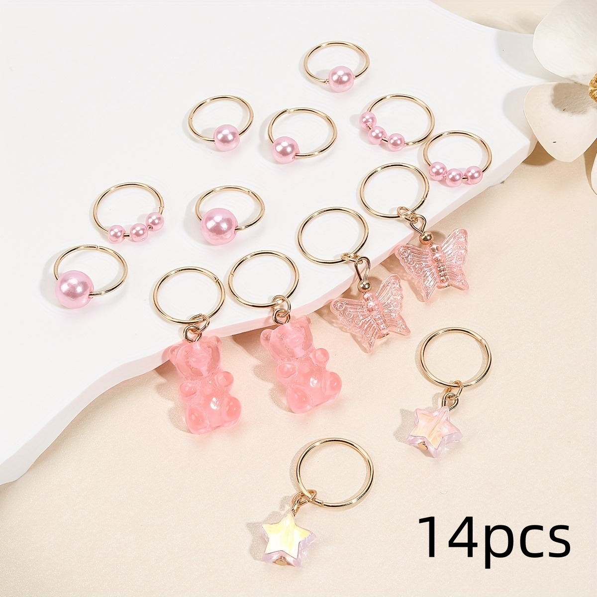 14 anelli per treccia di capelli con orso a farfalla carino per ragazze - clip per perline a forma di perla - Accessori per capelli Loc Gioielli per capelli per trecce: Default Title