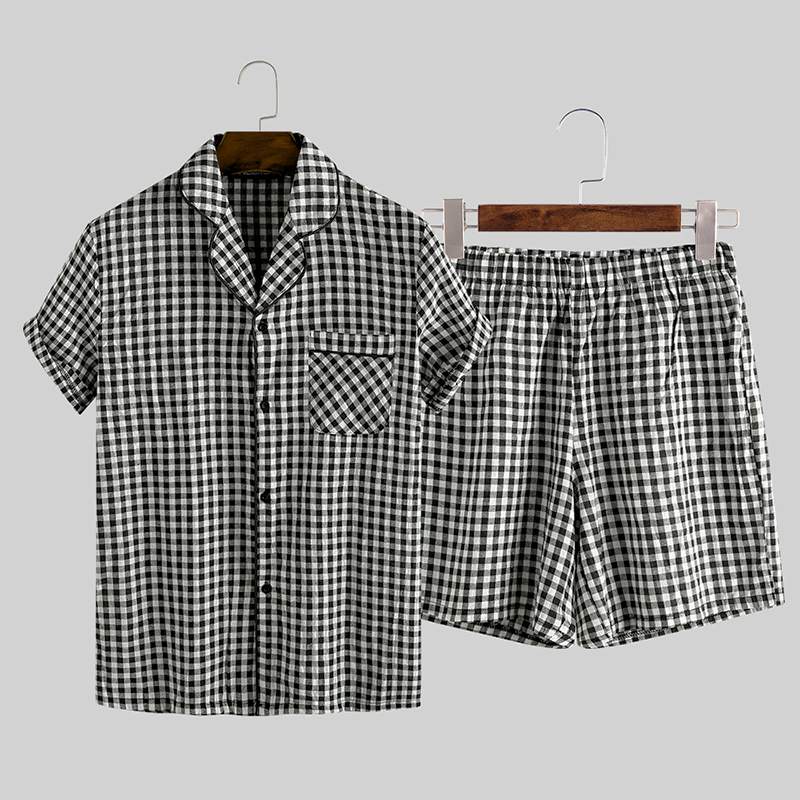 Summer Pajamas Sets Men Plaid Lapel Button Short Sleeve Cotton Sleepwear Tops Shorts Soft Unisex Homewear Pyjamas Sets INCERUN: Black / M
