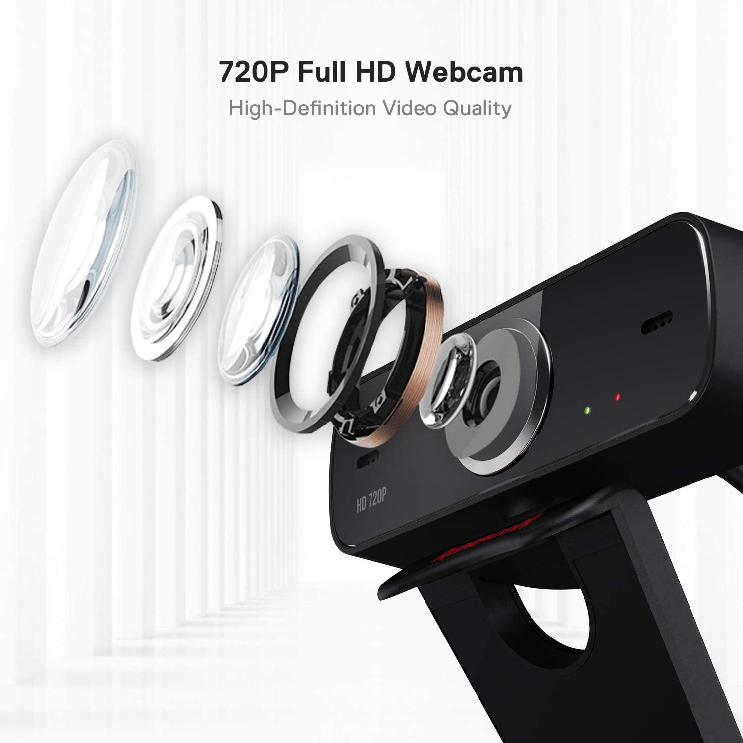 Redragon GW600 720P Webcam with Built-in Dual Microphone 360-Degree Rotation - 2.0 USB Skype Computer Web Camera