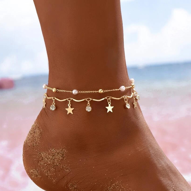 Boho cheville pied perles colorées chaîne été Bracelet coeur pendentif charme cheville sandales pieds nus plage pied bijoux de mariée J027: Couleur or jaune pâle