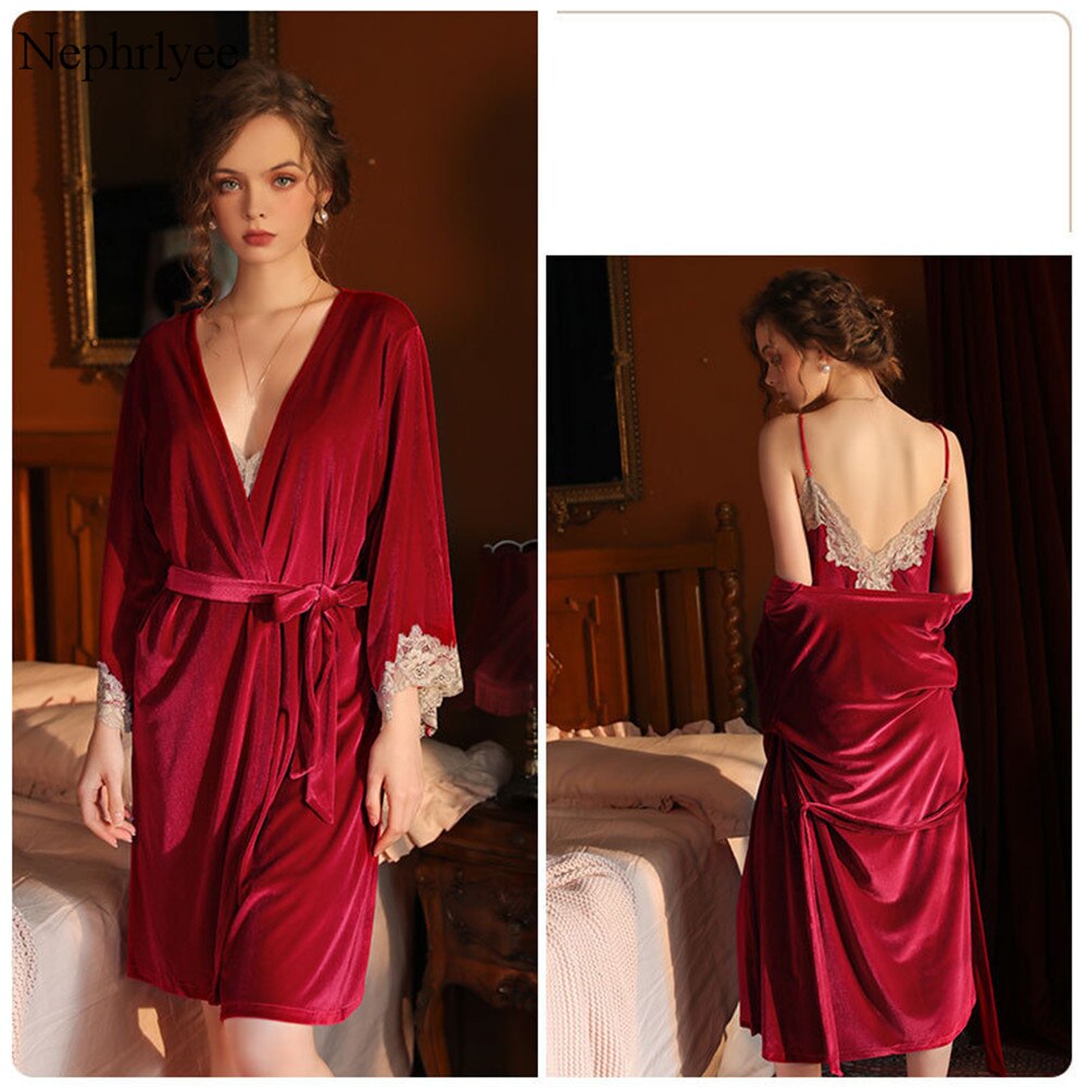 Vrouwen Satin Wedding Kimono Bruid Gewaad Nachtkleding Alleen Gewaad Fluwelen Gewaden Kant Badjas Spa Bridal Robe Badjas SLP012: Wine Red