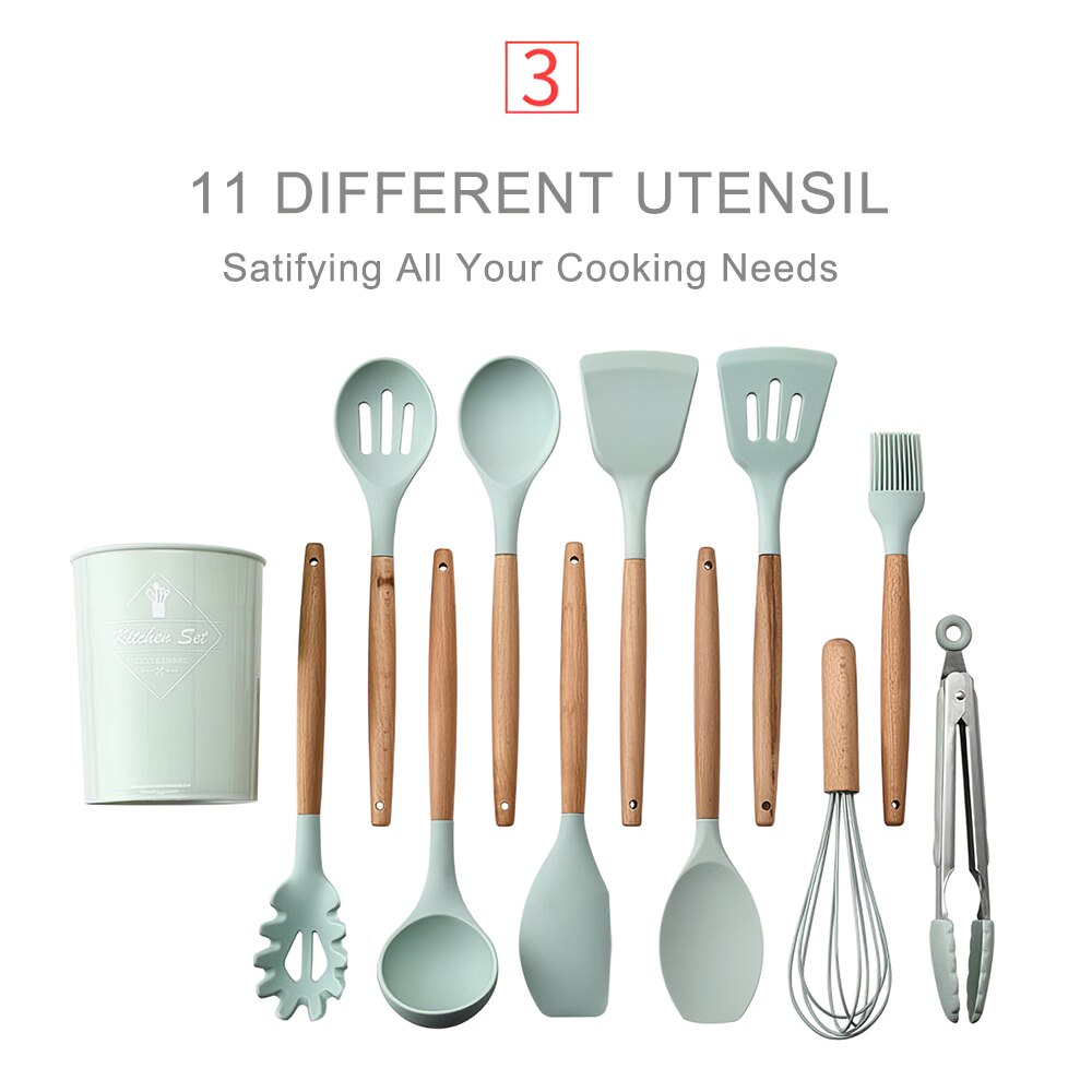 11Pcs Silicone Utensils Kitchen Utensils Set for Nonstick Pot Silica Gel Cooking Utensils Set Utensil Wooden Handle Kitchenware