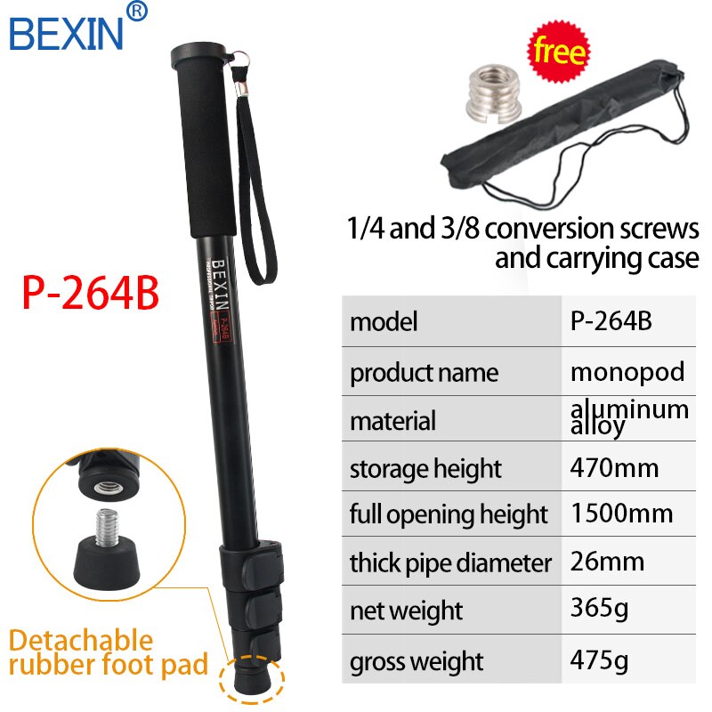 BEXIN portable lightweight 47cm monopod aluminum camera stand P-264 witn phone clip for dslr camera Video: p-264B